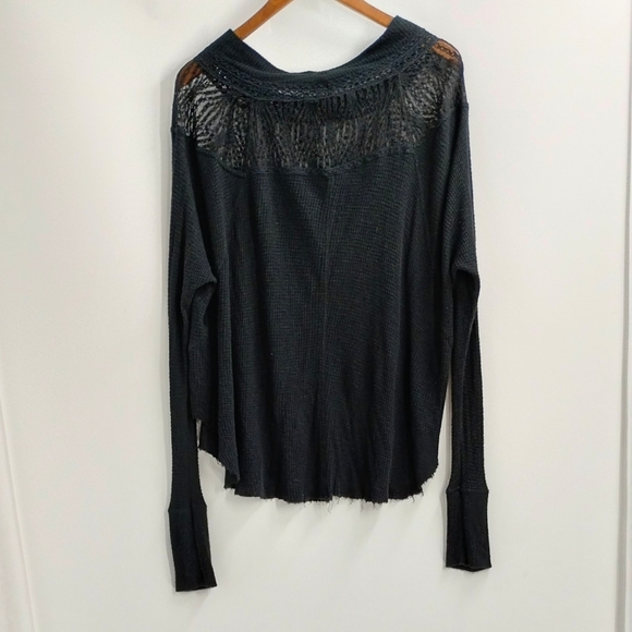 Free People Black Waffle Thermal Lace Neck Top - Picture 10 of 15